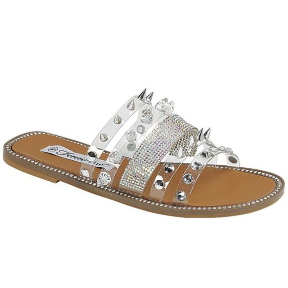 New Clear Silver Studded Rhinestone Slides Flat Sandals - Picture 1 of 5